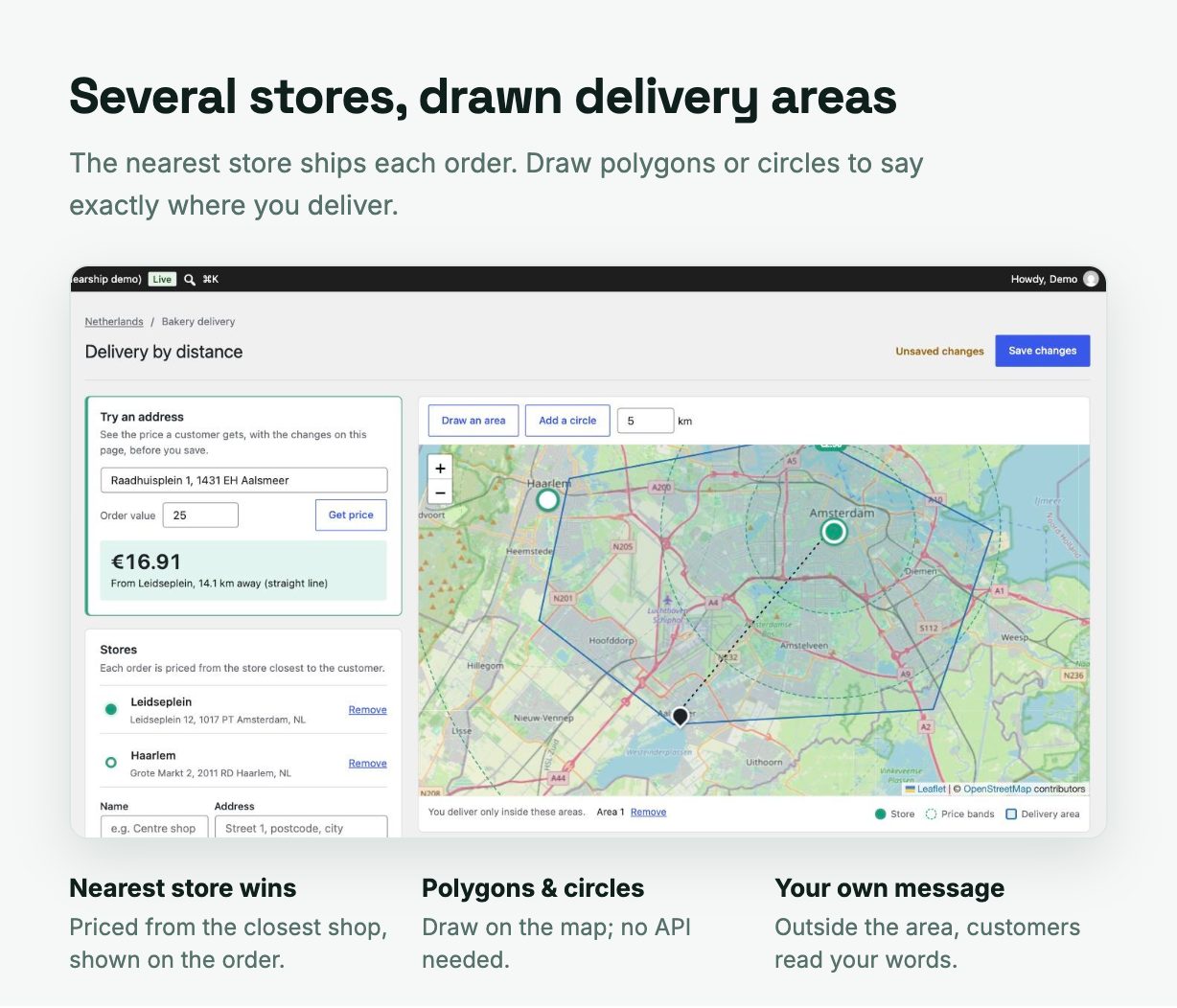 Several stores and delivery areas drawn as polygons and circles on the Nearship map