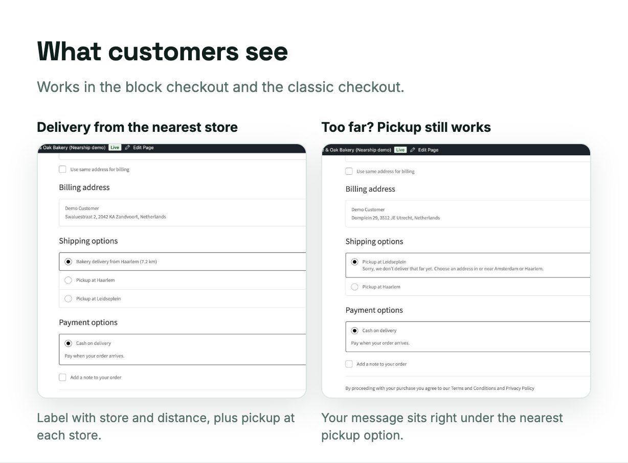WooCommerce checkout with delivery priced from the nearest store and store pickup options
