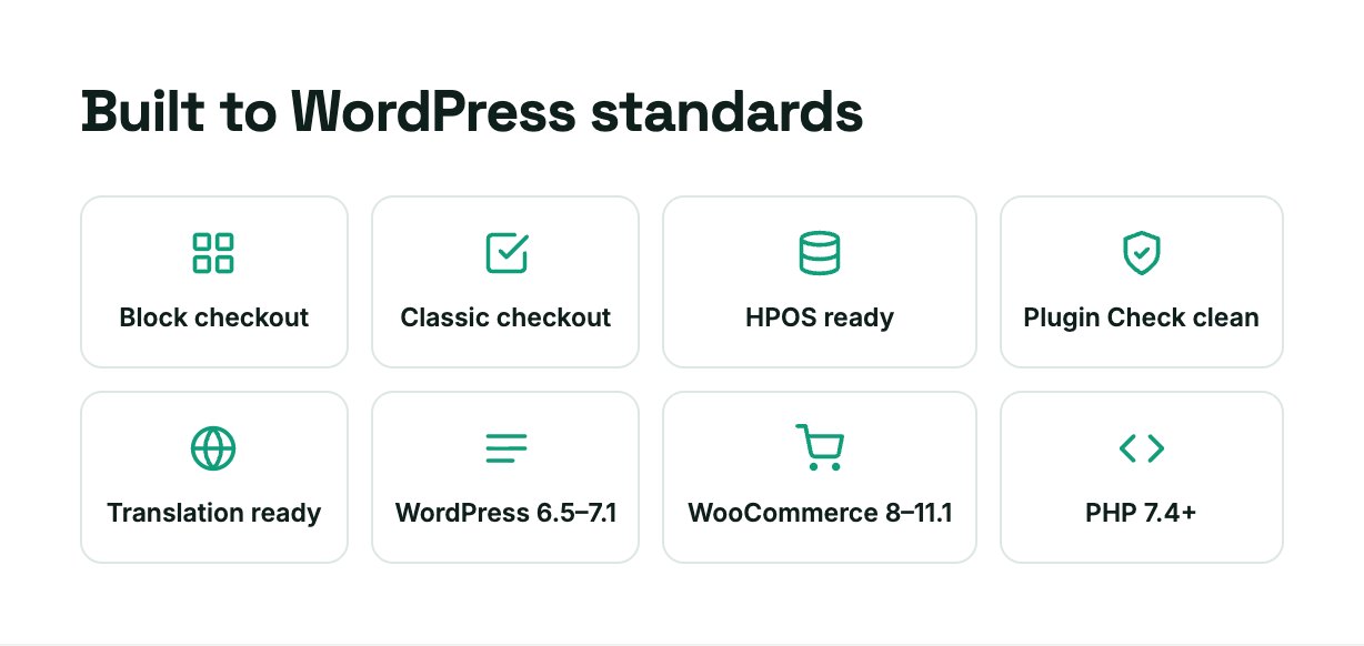 Nearship compatibility: block and classic checkout, HPOS, translation ready, WordPress 6.5 to 7.1, WooCommerce 8 to 11.1, PHP 7.4+