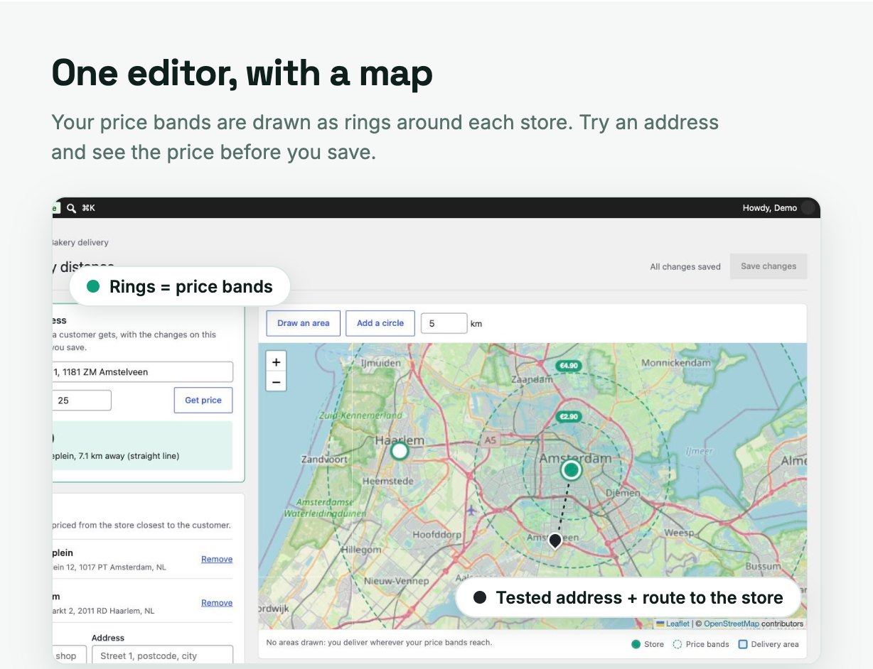 Nearship delivery editor in WooCommerce: stores, price bands and a map, with a live price for any address