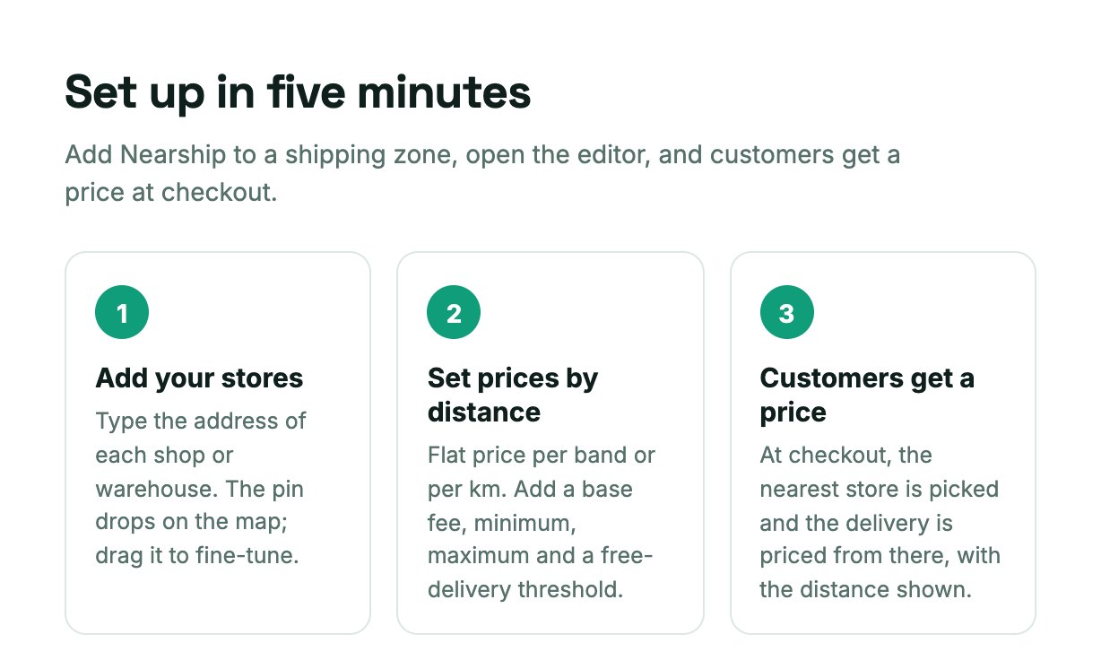 Set up Nearship in three steps: add your stores, set prices by distance, customers get a price at checkout