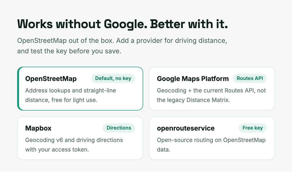 Map providers: OpenStreetMap by default, or Google Maps Routes API, Mapbox and openrouteservice for driving distance